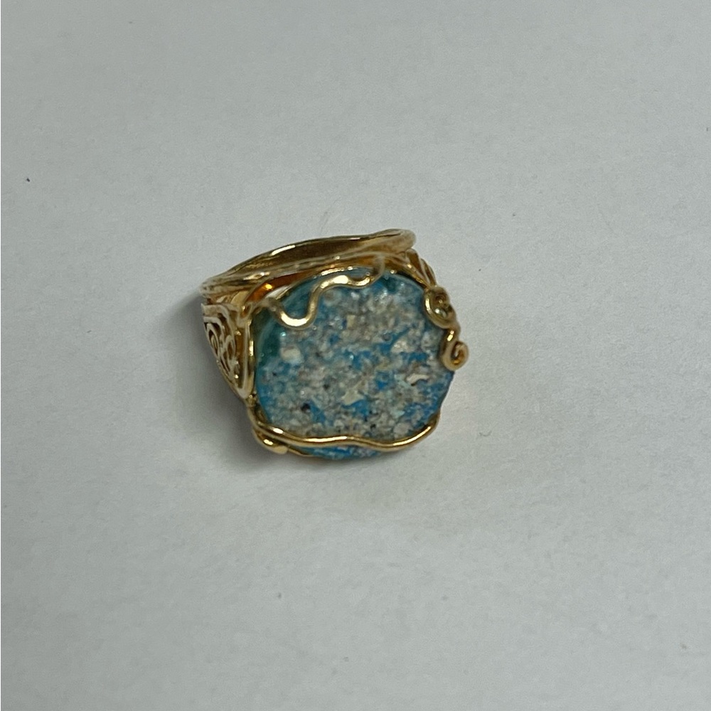 Lirm Israel Gold Over Sterling Roman Glass Ring Size 7
